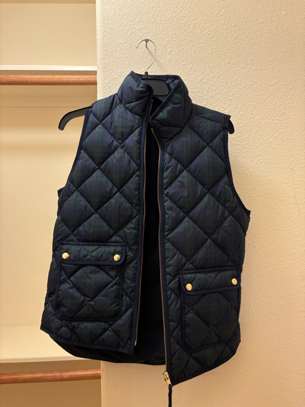 J. Crew Navy Plaid Quilted Puffer Vest with Gold Zipper